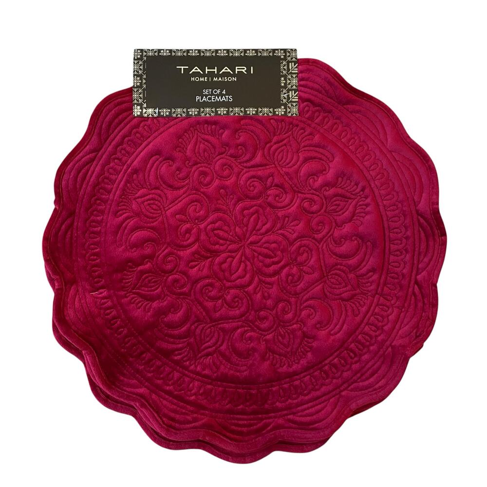 Tahari Medallion Burgundy Velvet Velour Placemats 16" Set of 4 Holiday NEW